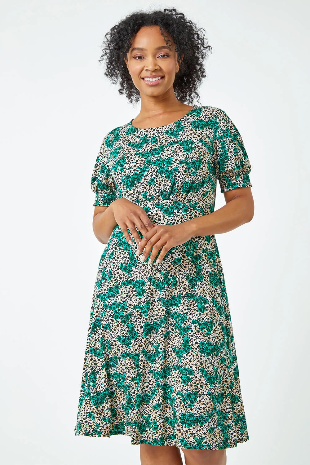 Petite Shirred Sleeve Floral Dress in Green | Roman UK