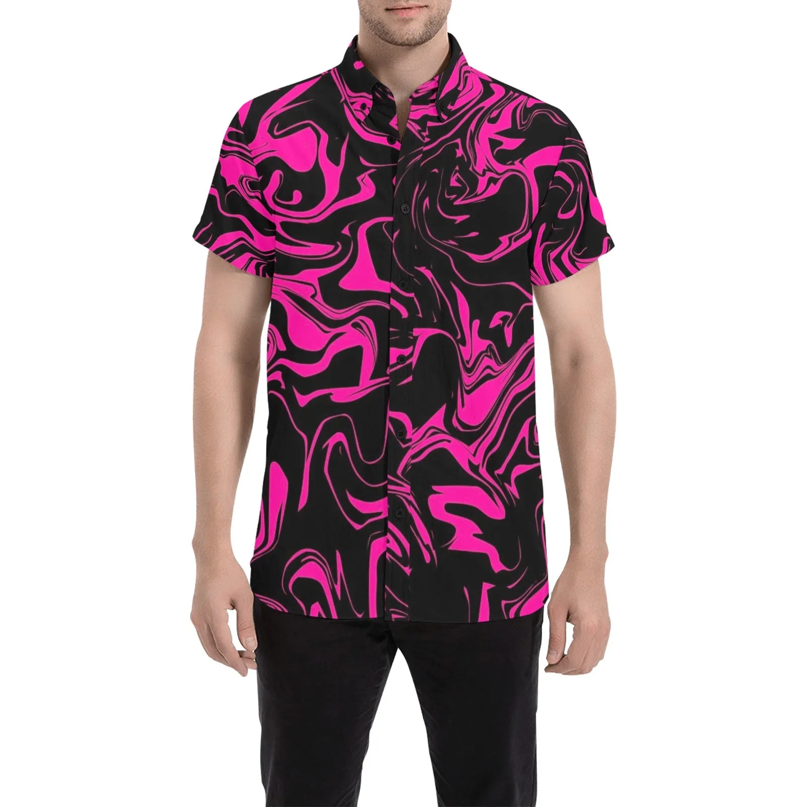 Pink and Black Oil Spill Short Sleeve Button Up Shirt