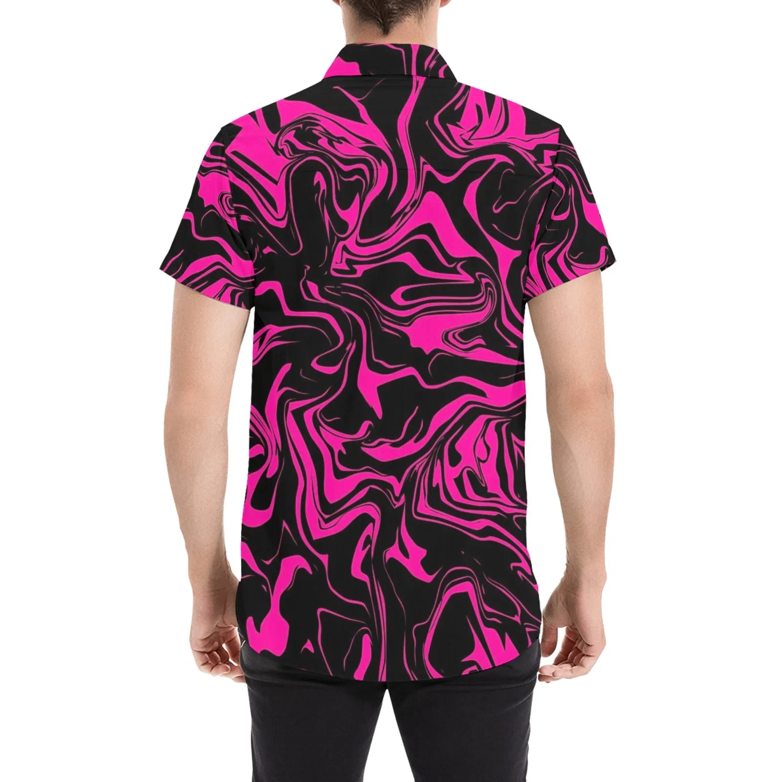 Pink and Black Oil Spill Short Sleeve Button Up Shirt