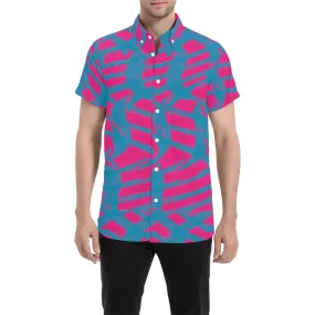 Pink and Blue Squiggly Rave Checkered Pattern Men's Big & Tall Short Sleeve Button Up Shirt