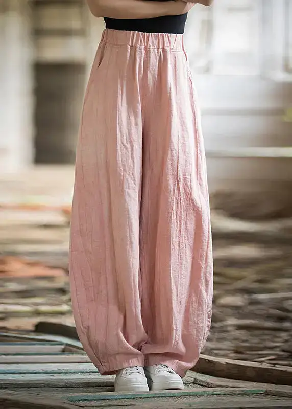 Pink High Waist Linen Wide Leg Pants Pockets CG1049