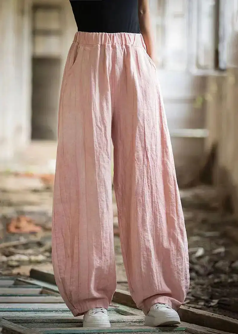 Pink High Waist Linen Wide Leg Pants Pockets CG1049