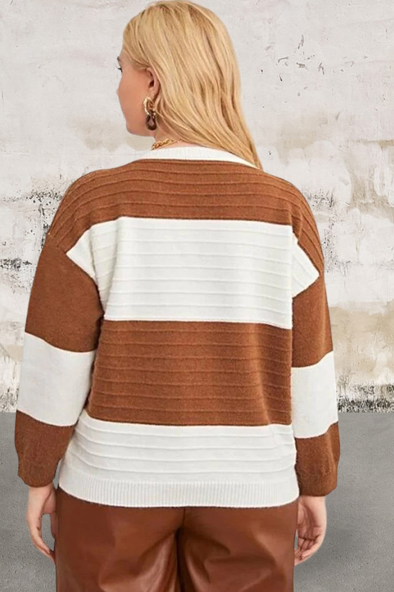 Plus size long sleeve brown and white sweater