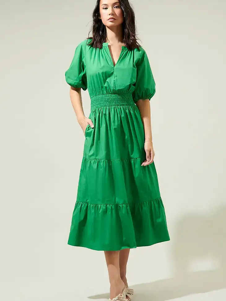 Puff Sleeve Midi Dress- Kelly Green