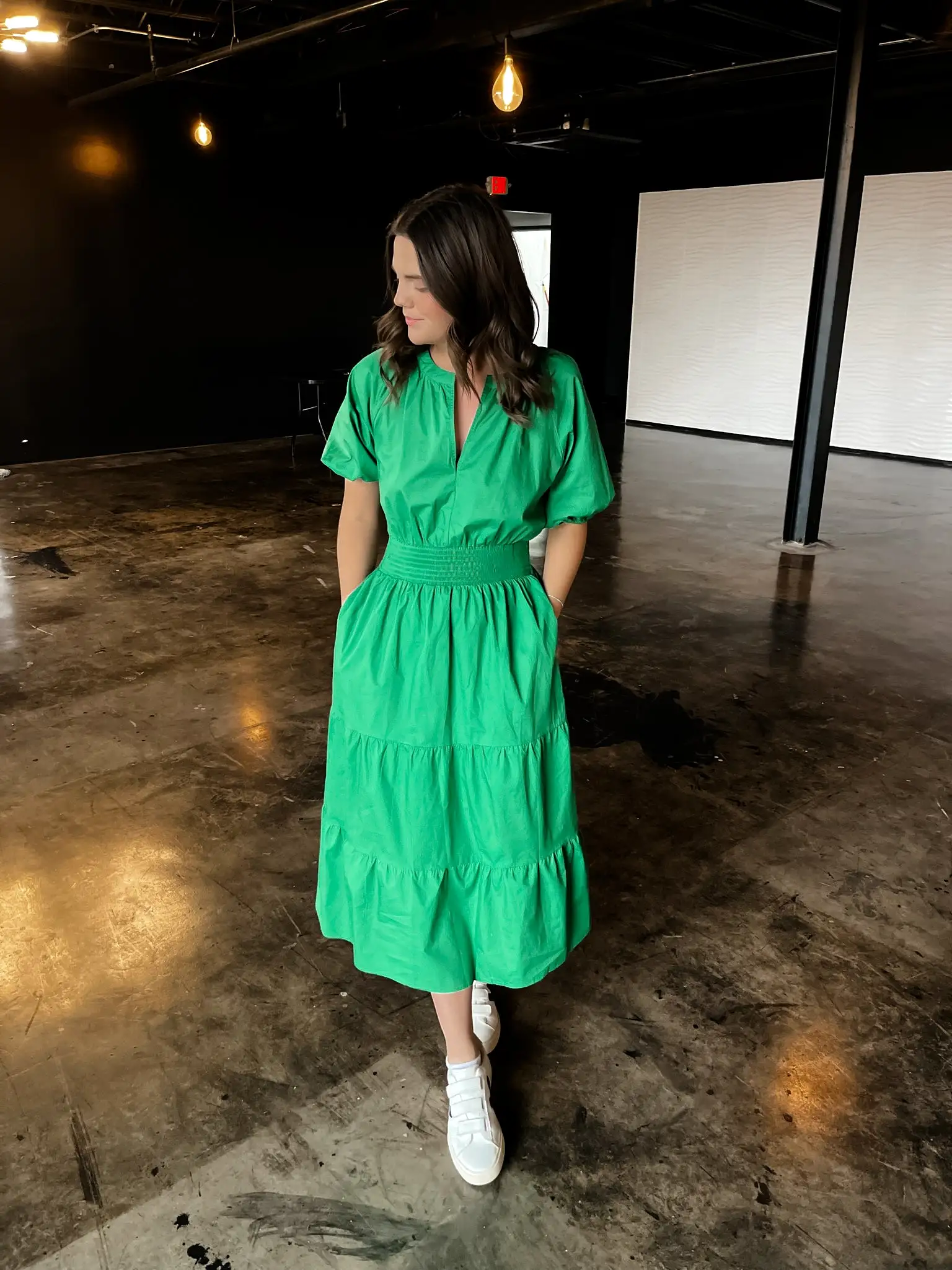 Puff Sleeve Midi Dress- Kelly Green