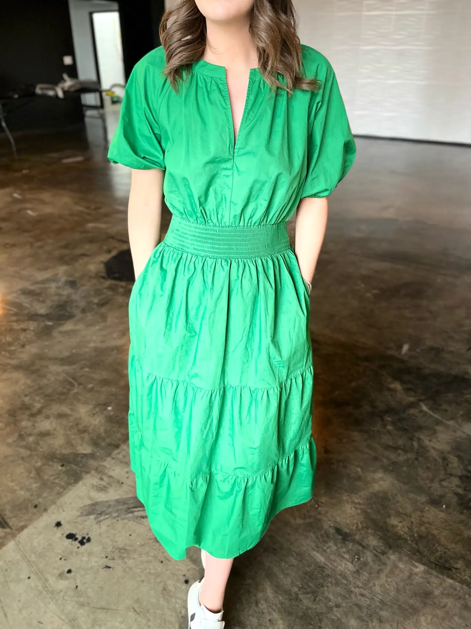 Puff Sleeve Midi Dress- Kelly Green