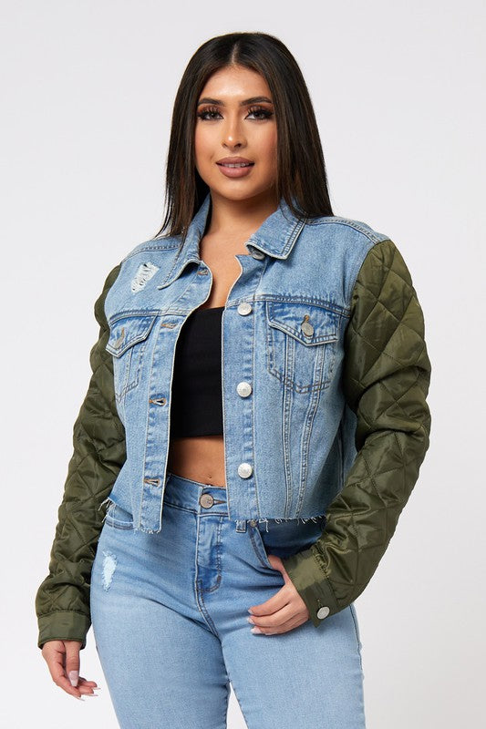 Quilted Nylon Sleeve Denim Jacket W/Cut Off Hem