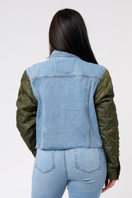 Quilted Nylon Sleeve Denim Jacket W/Cut Off Hem