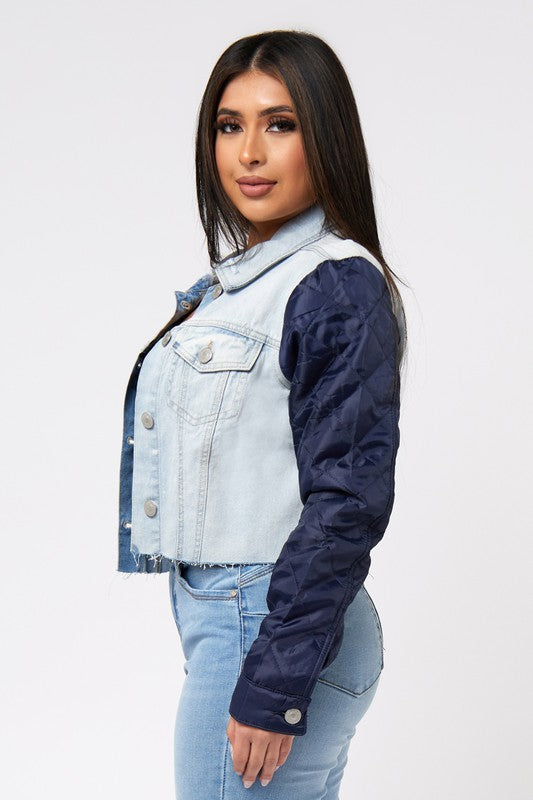 Quilted Nylon Sleeve Denim Jacket W/Cut Off Hem