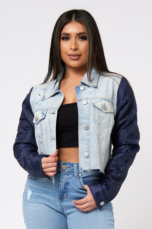 Quilted Nylon Sleeve Denim Jacket W/Cut Off Hem