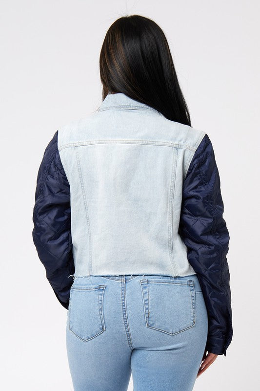 Quilted Nylon Sleeve Denim Jacket W/Cut Off Hem