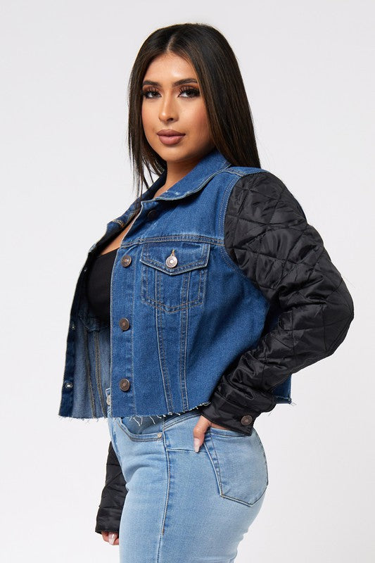 Quilted Nylon Sleeve Denim Jacket W/Cut Off Hem