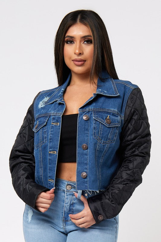 Quilted Nylon Sleeve Denim Jacket W/Cut Off Hem