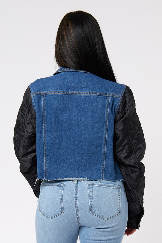 Quilted Nylon Sleeve Denim Jacket W/Cut Off Hem