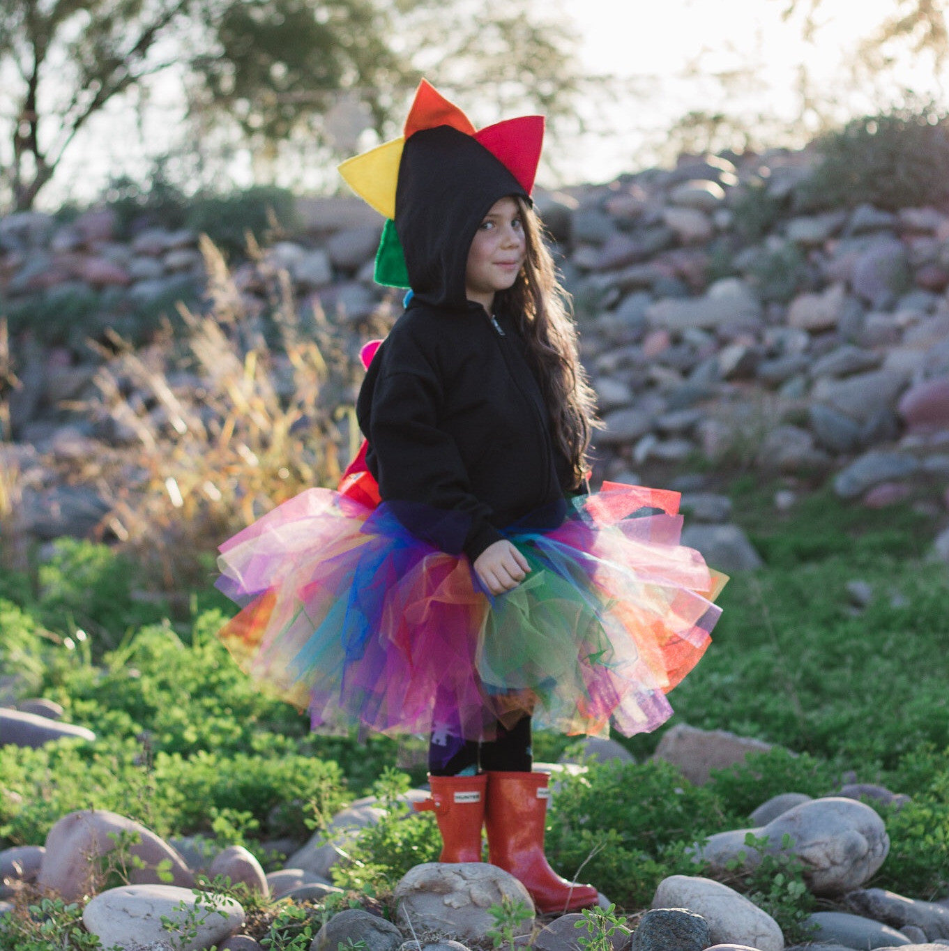 Rainbow Dragon Hoodie | Black with Gold Dot Tail