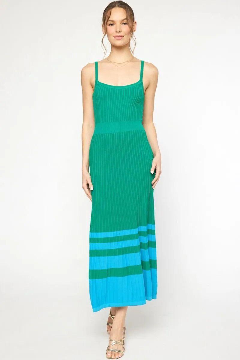 Ribbed Striped Hem Midi Dress - Green