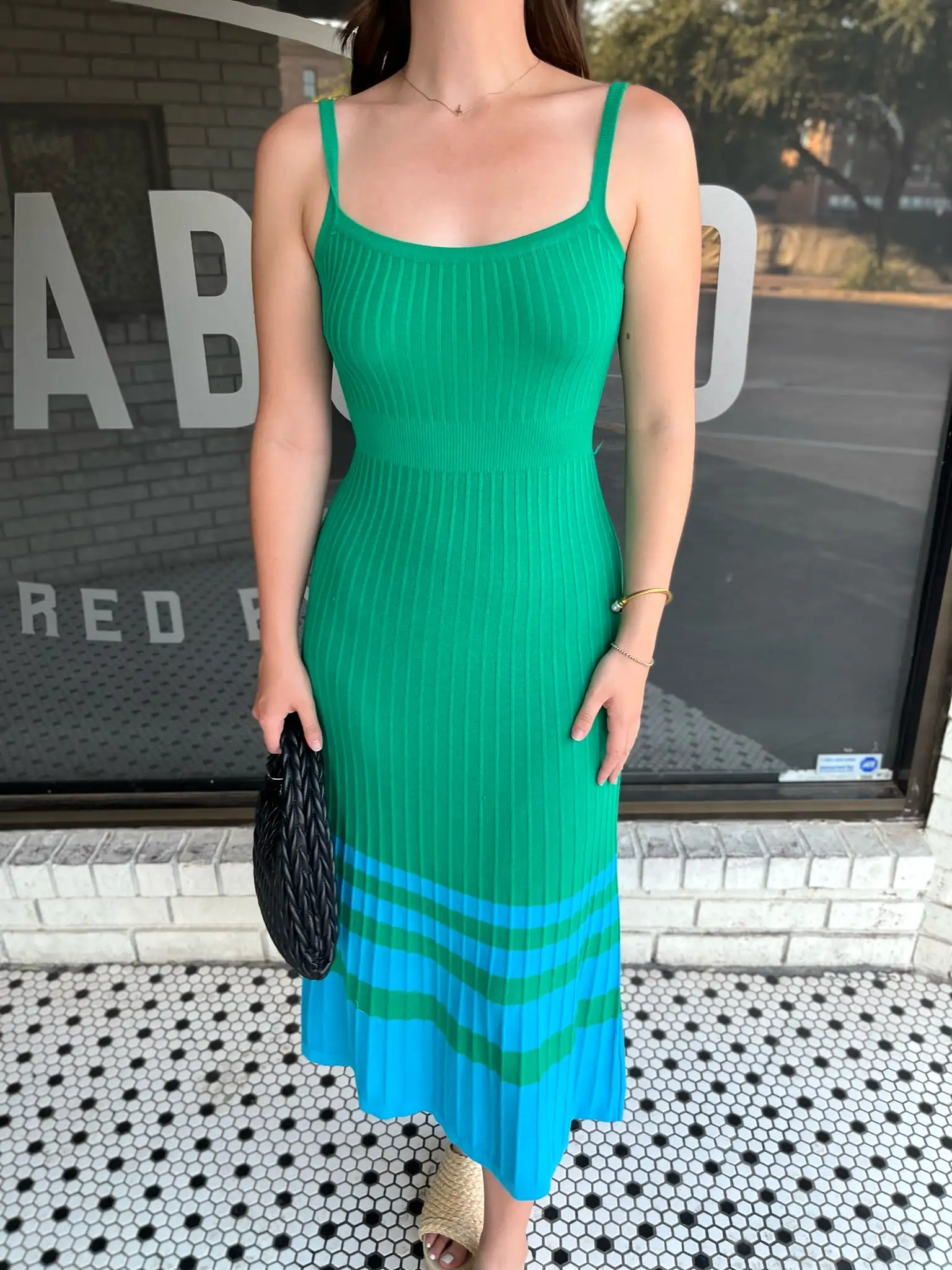 Ribbed Striped Hem Midi Dress - Green