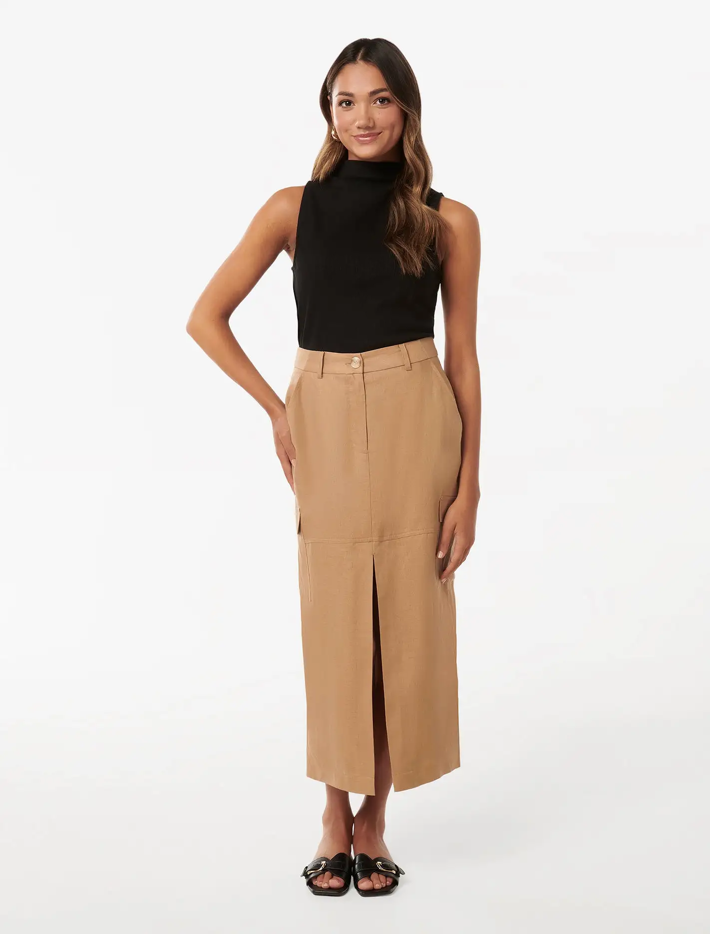 Ronnie Petite Linen Cargo Midi Skirt