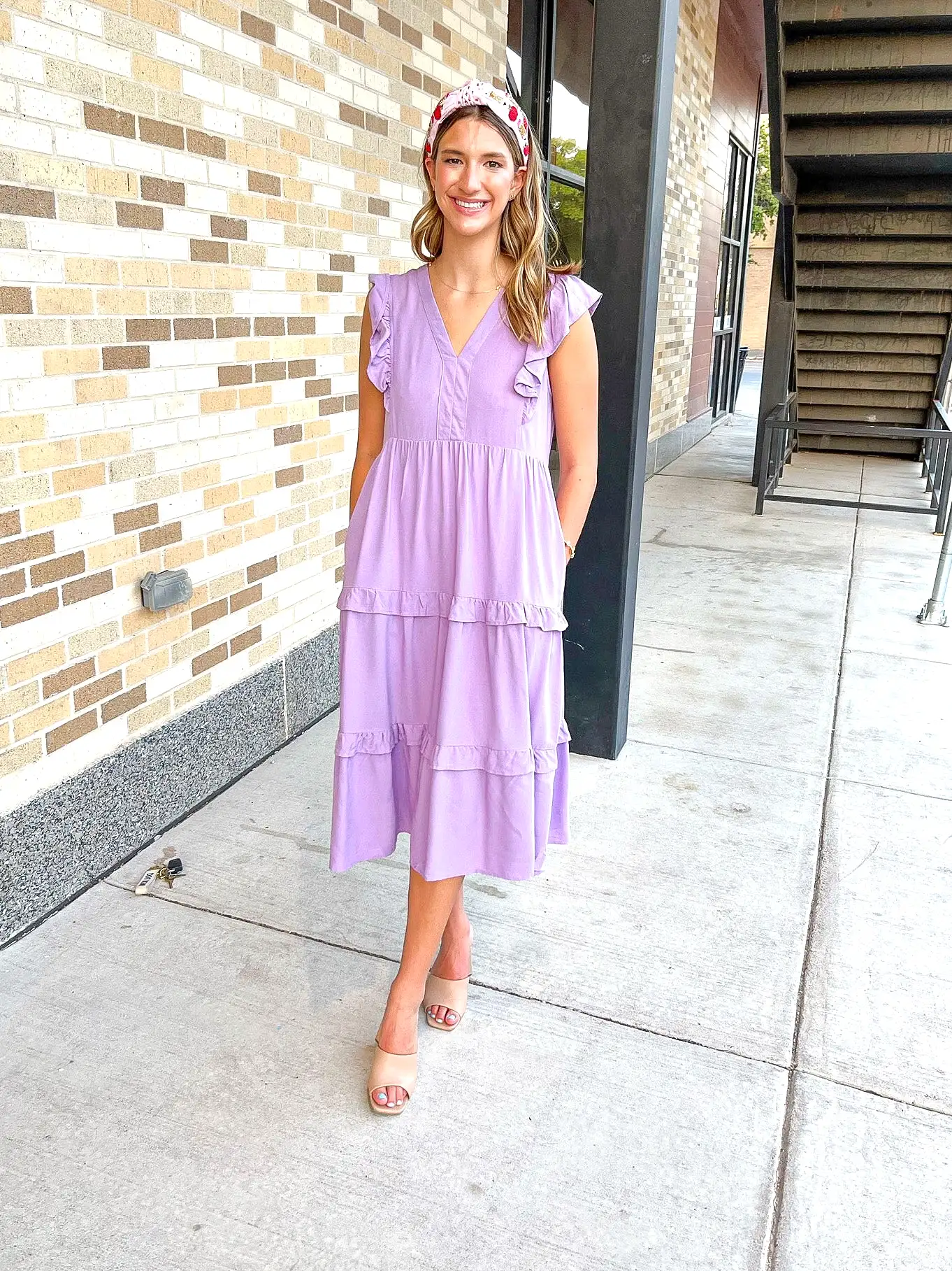 RUFFLE SLEEVE TIERED MIDI DRESS- LAVENDER