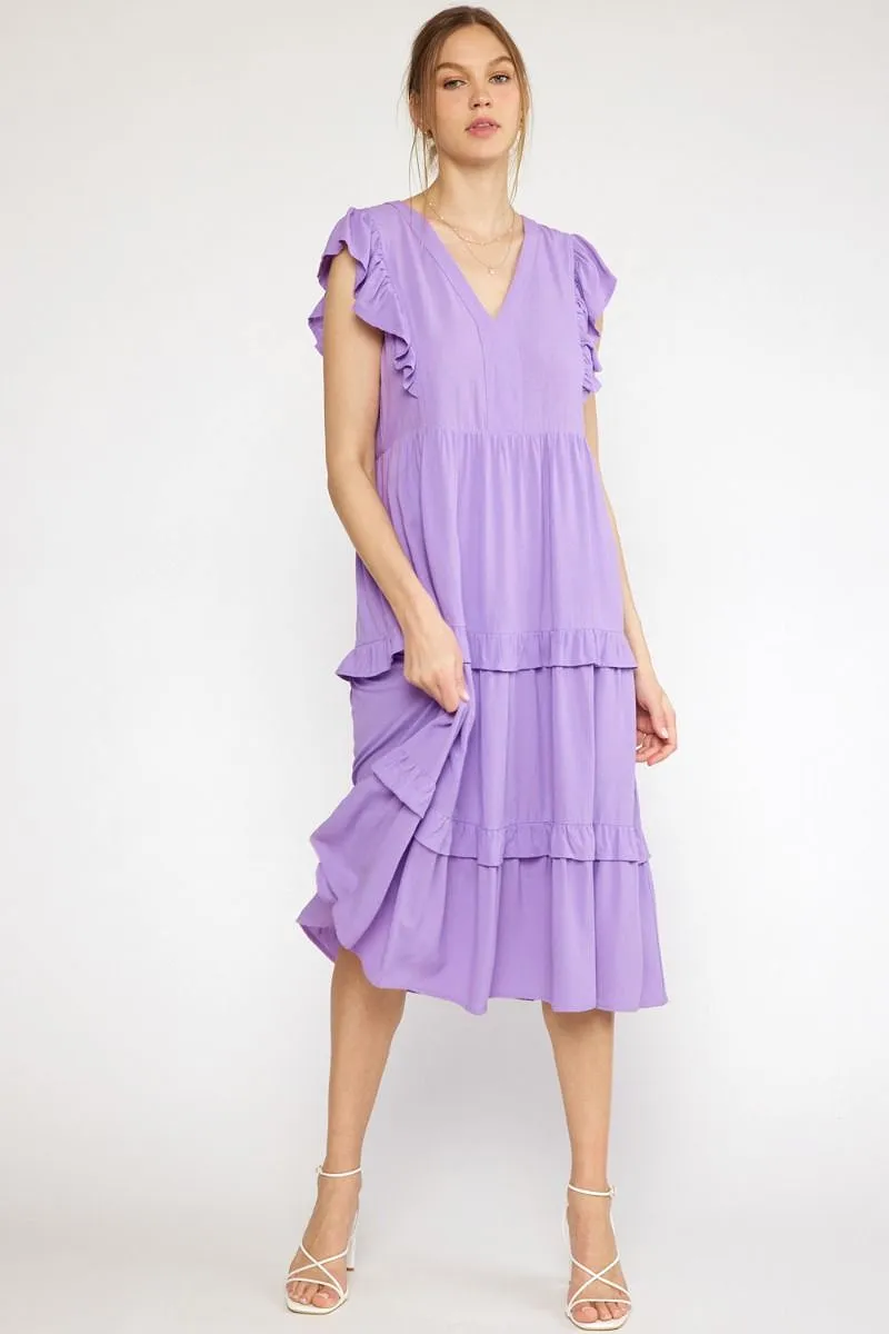 RUFFLE SLEEVE TIERED MIDI DRESS- LAVENDER