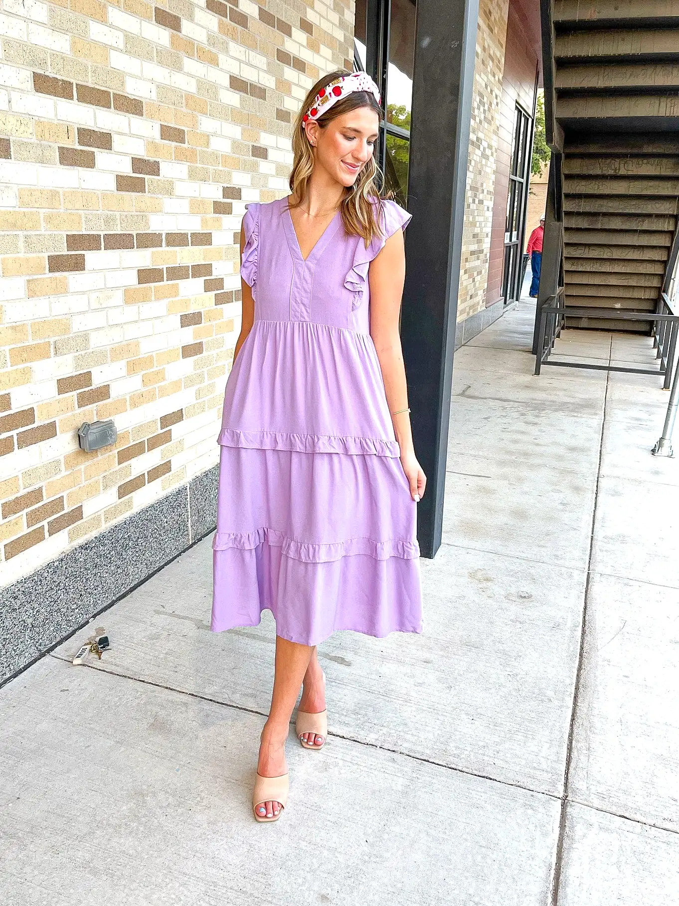 RUFFLE SLEEVE TIERED MIDI DRESS- LAVENDER