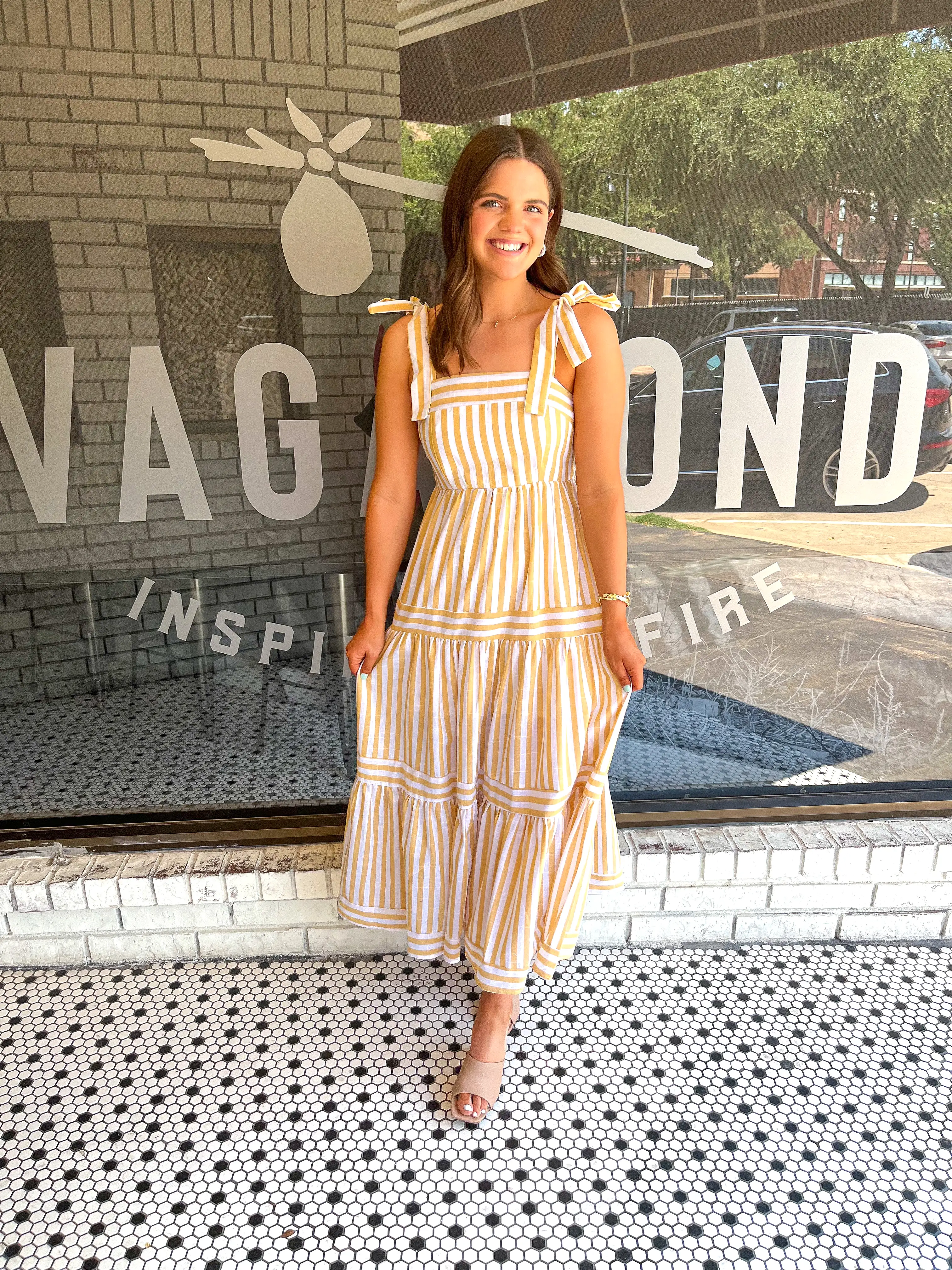 Self-Tie Striped Tiered Midi Dress - Gold