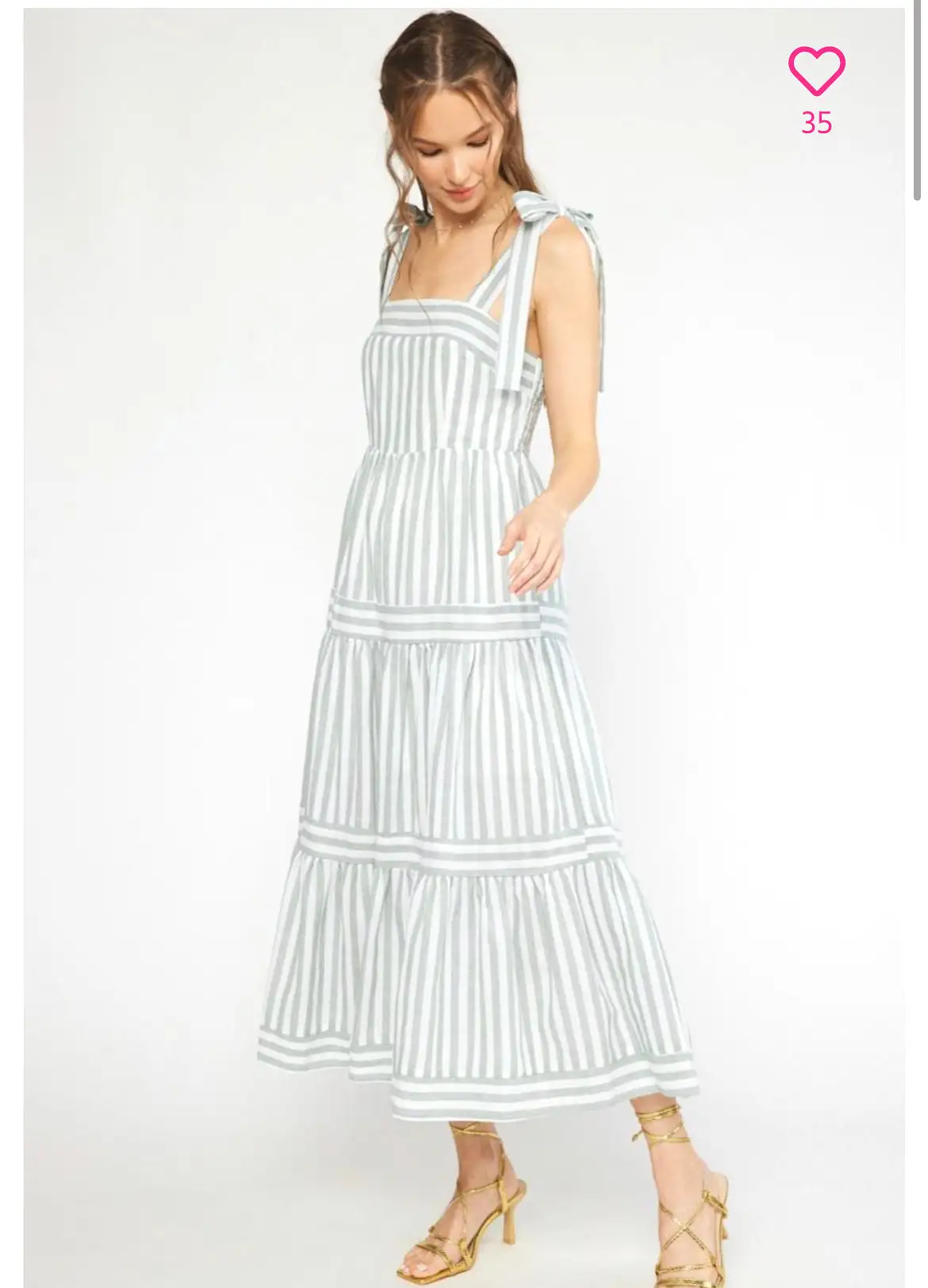 Self-Tie Striped Tiered Midi Dress - sage