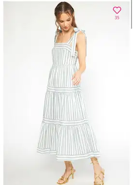 Self-Tie Striped Tiered Midi Dress - sage