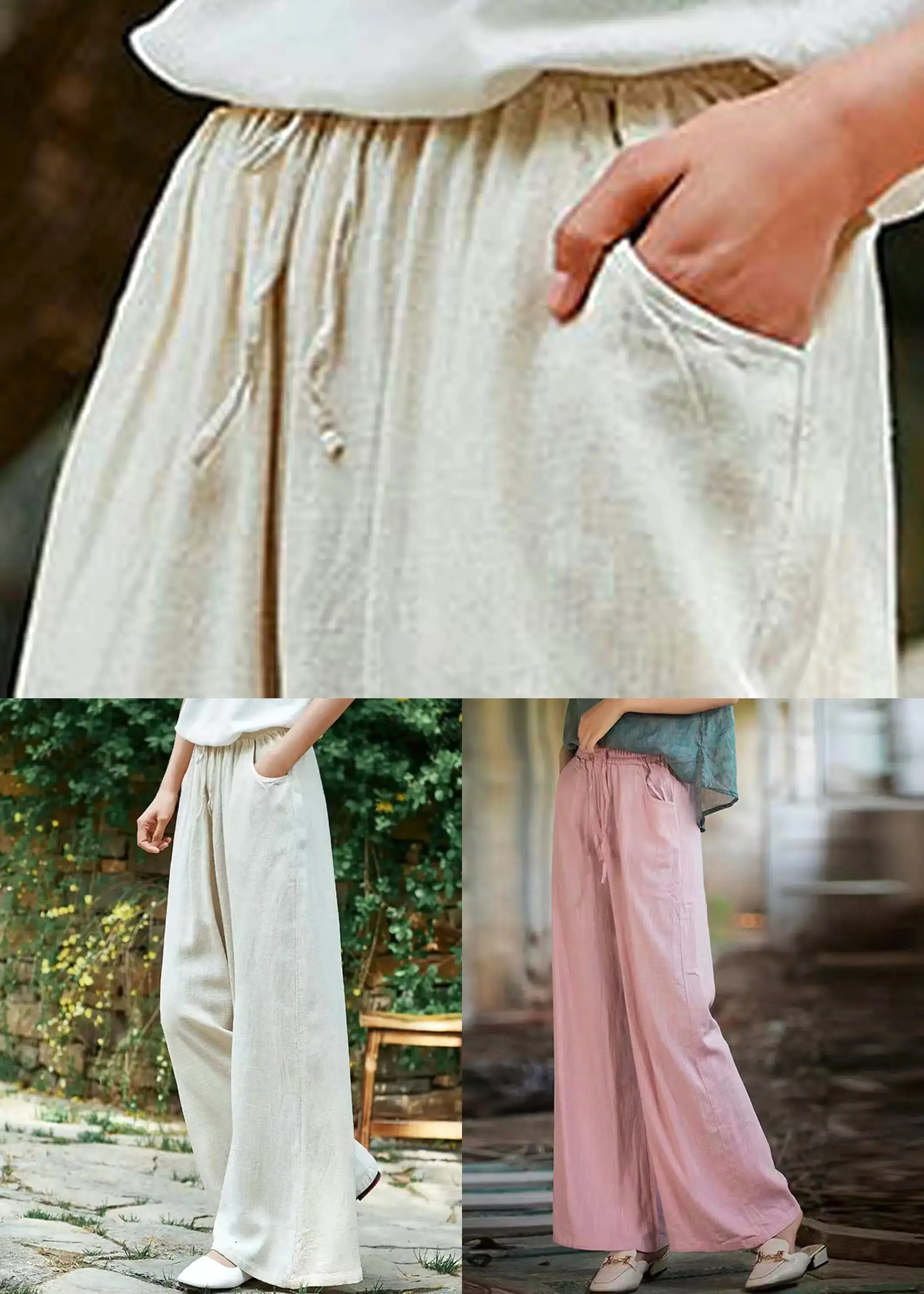 Simple Apricot Lace Up Pockets Linen Pants Summer CG1037