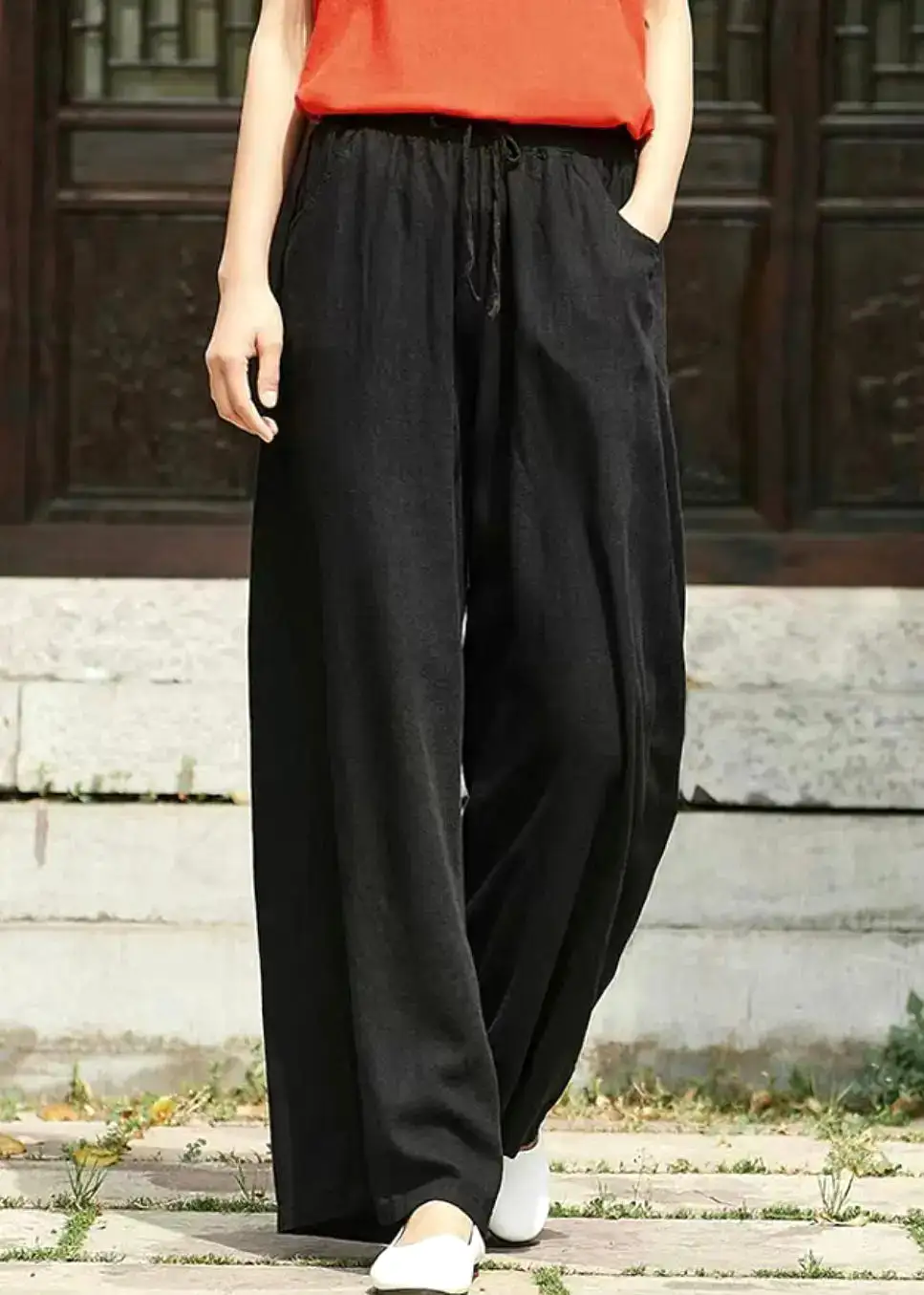 Simple Black Pockets Elastic Waist Linen Pants Summer CG1021