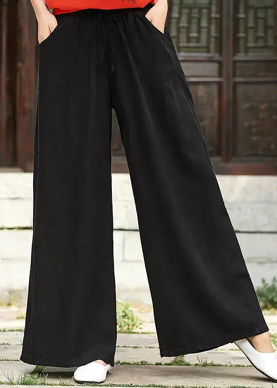 Simple Black Pockets Elastic Waist Linen Pants Summer CG1021