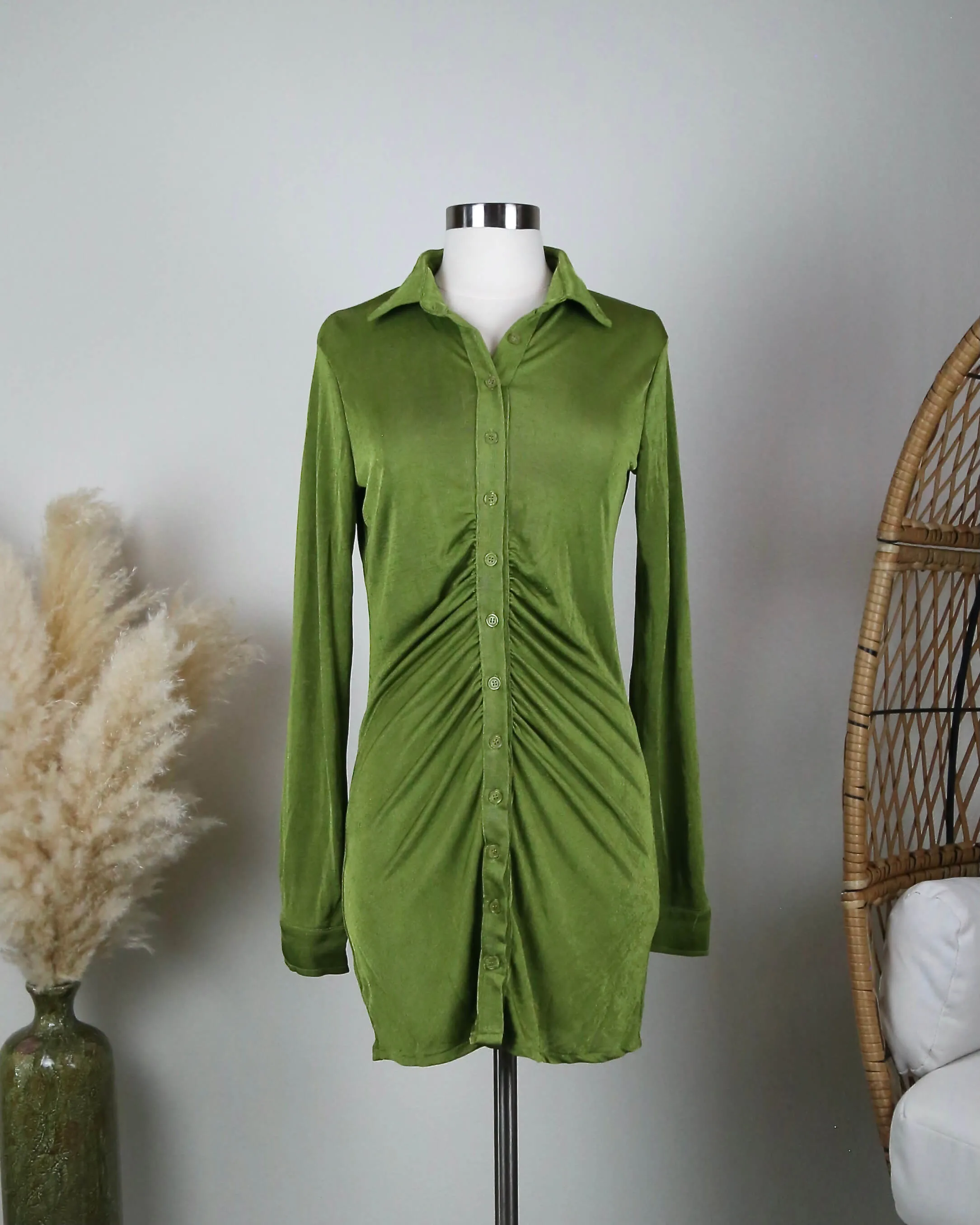 Slinky Ruched Shirt Dress in Shimmer Green