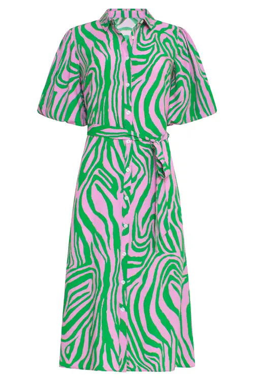 Smashed Lemon Pink and Green Zebra Print Midi Shirt Dress