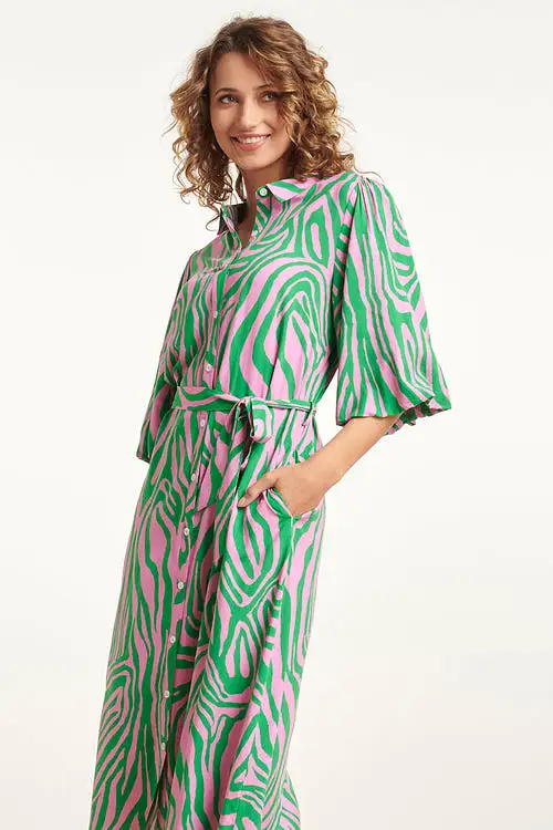 Smashed Lemon Pink and Green Zebra Print Midi Shirt Dress