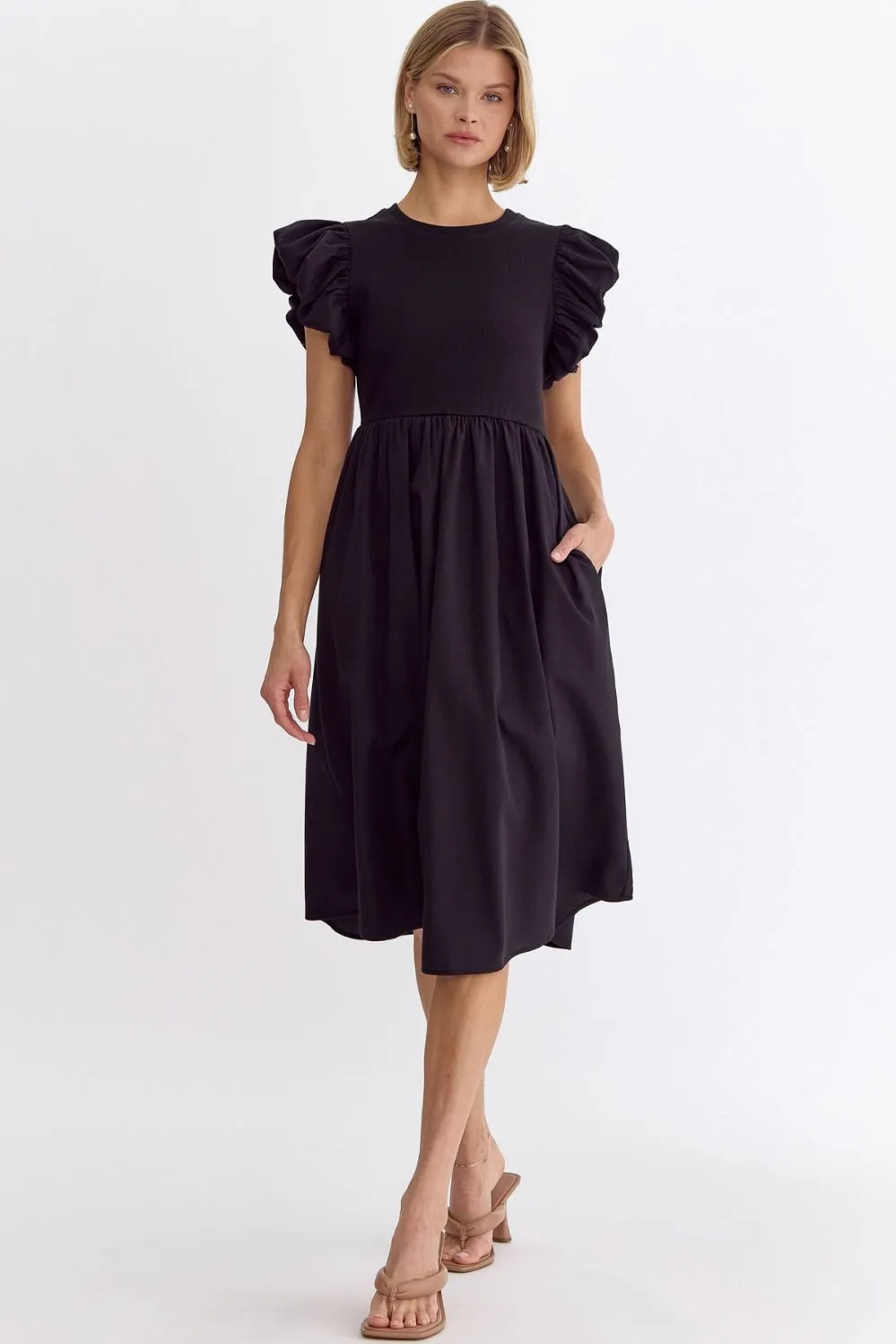 Solid Puff Sleeve Midi Dress- Black