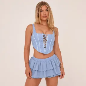 Square Neck Lace Up Front Detail Structured Corset Top In Blue