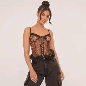 Strappy Frilly Lace Trim Detail Tie Front Corset Top In Brown Leopard Print Mesh