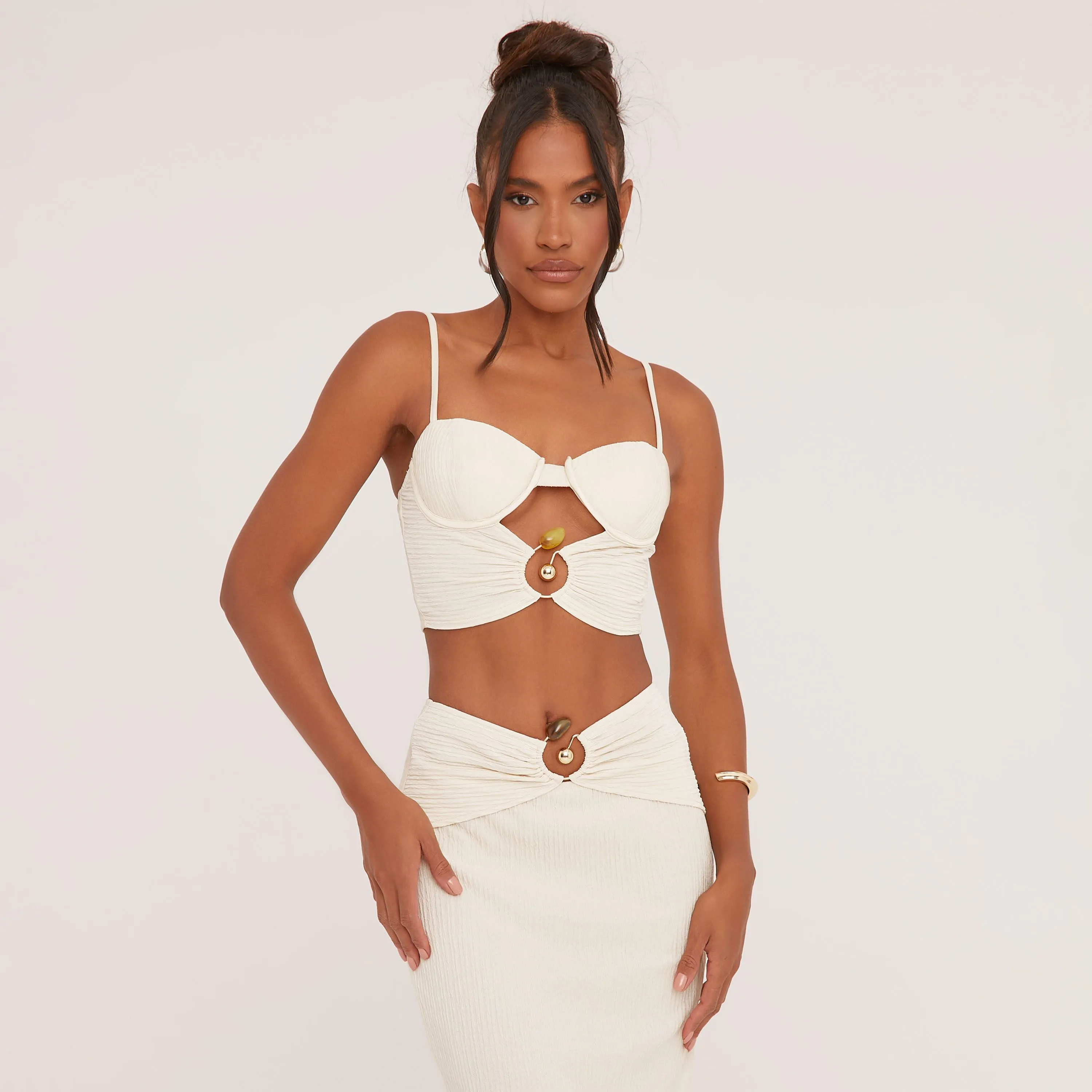 Strappy Ring Gem Detail Underwired Corset Top In Cream Texture