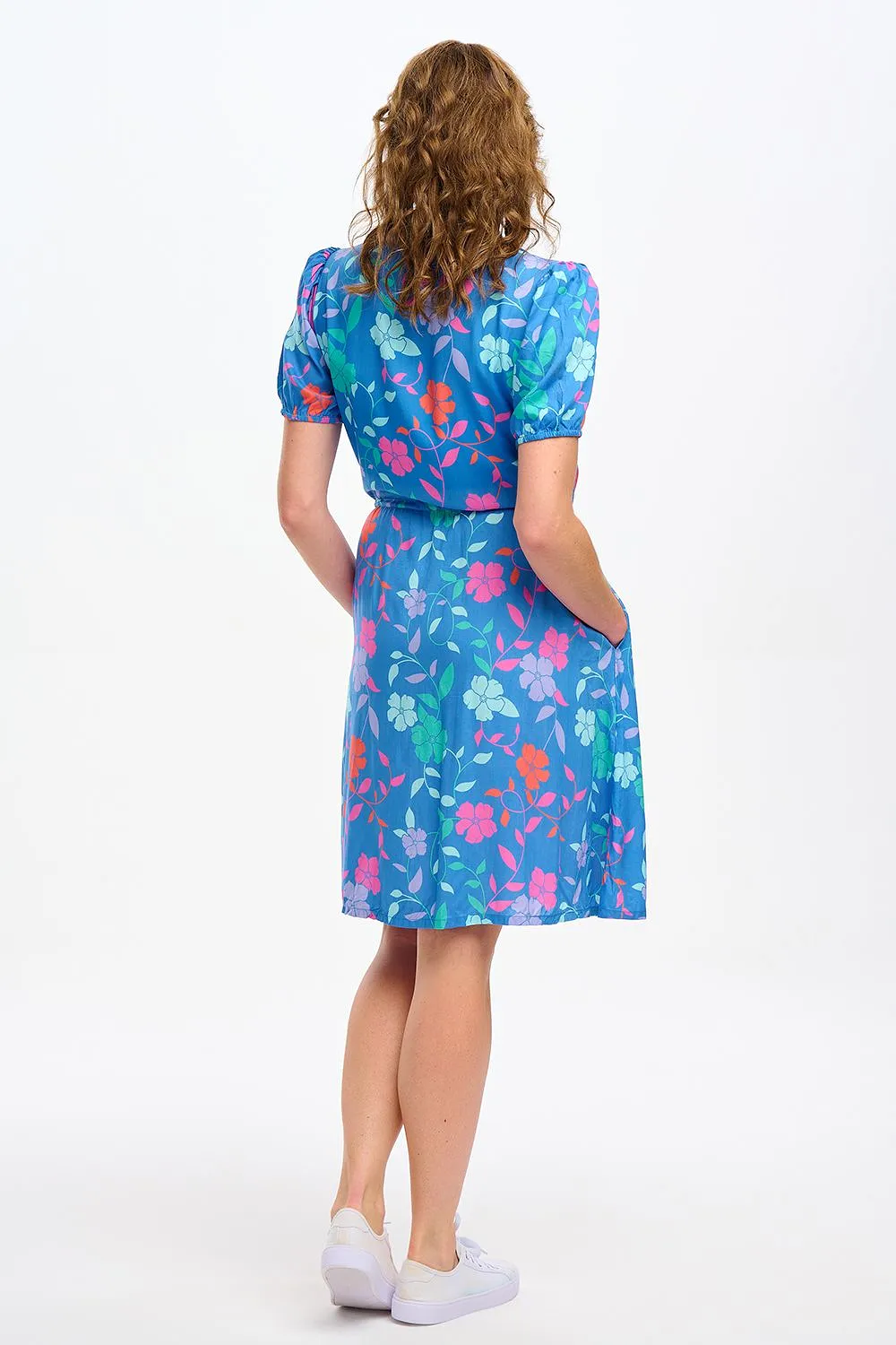 Sugarhill Brighton Salma Blue Rainbow Floral Vine Midi Shirt Dress