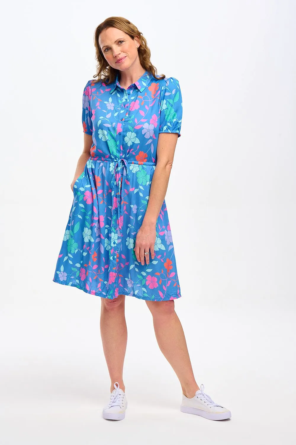 Sugarhill Brighton Salma Blue Rainbow Floral Vine Midi Shirt Dress