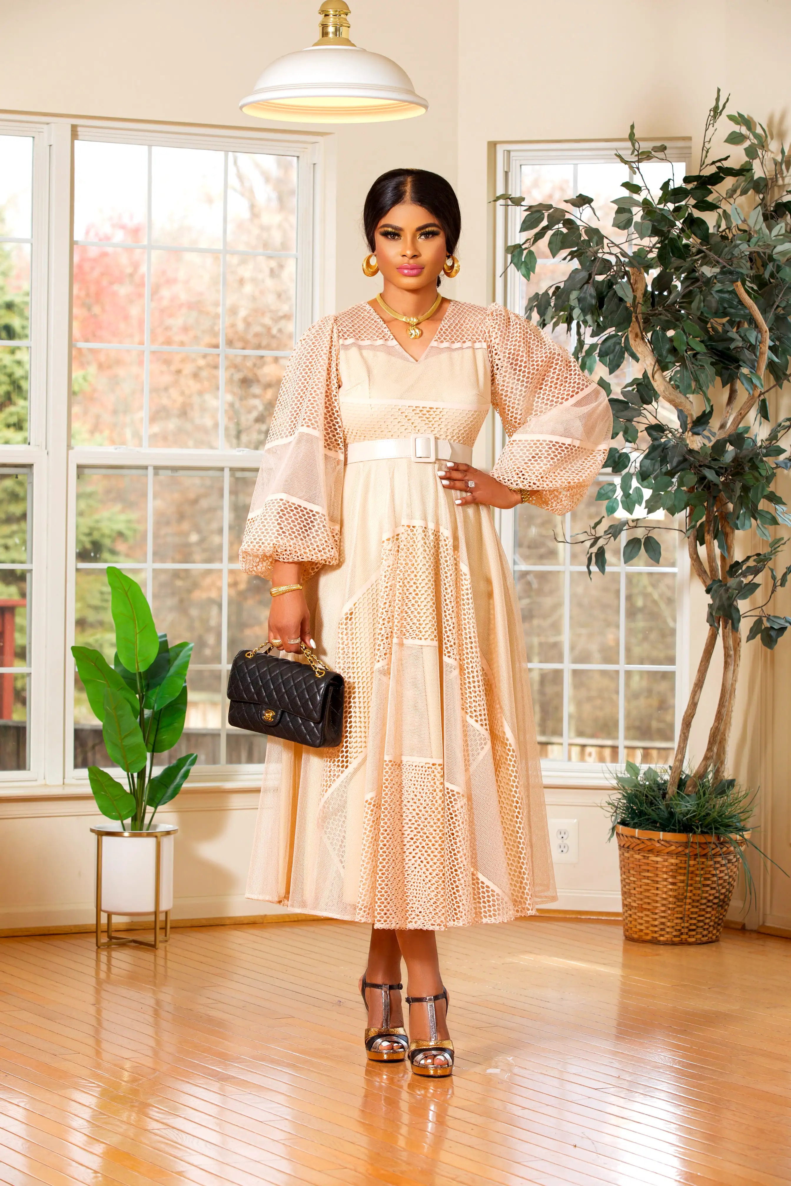 TAN/LACE PUFFY LONGSLEEVE MIDI DRESS