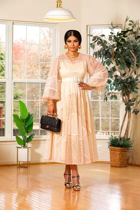 TAN/LACE PUFFY LONGSLEEVE MIDI DRESS