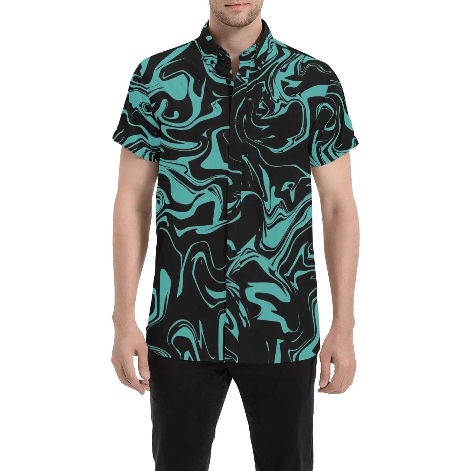 Teal and Black Oil Spill Short Sleeve Button Up Shirt