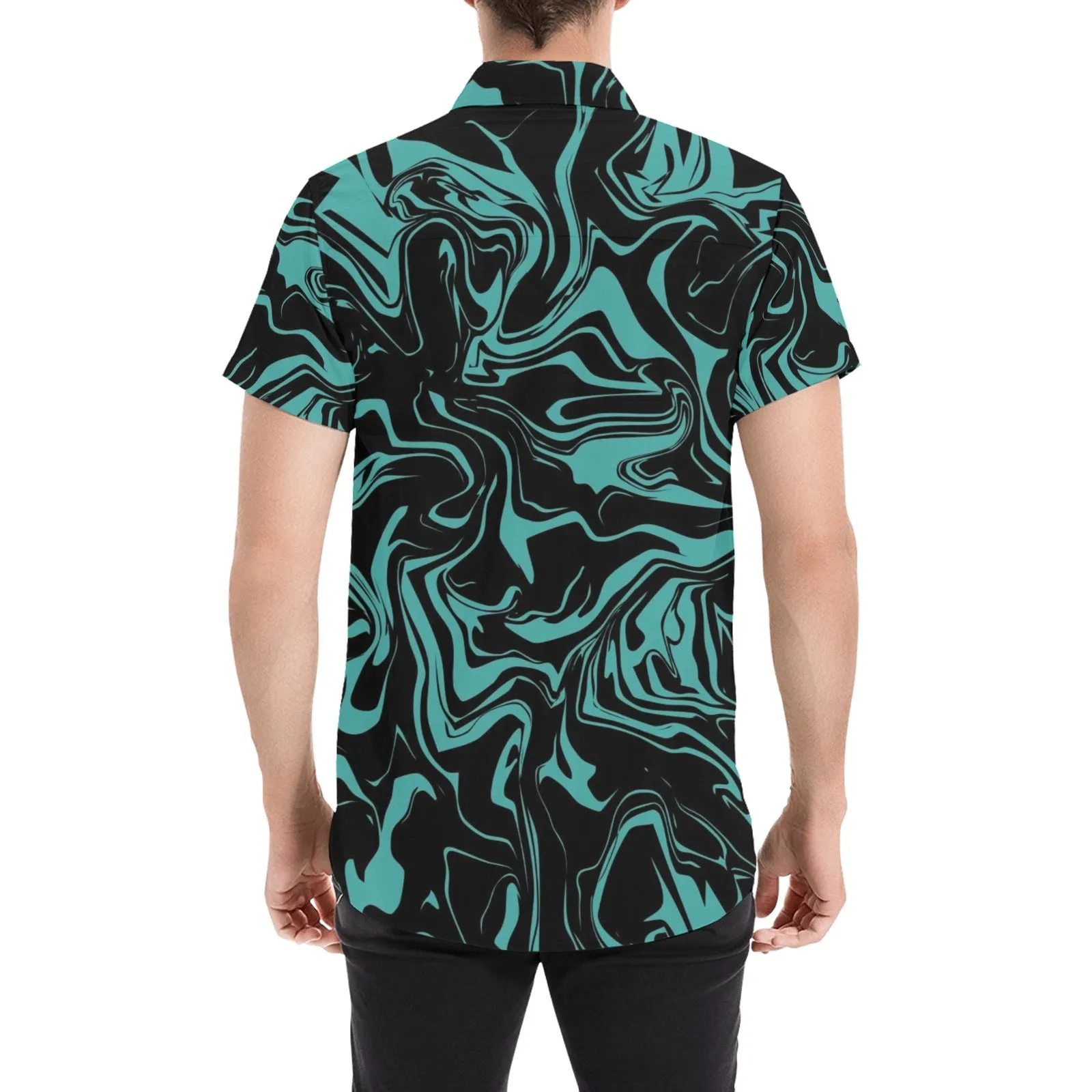 Teal and Black Oil Spill Short Sleeve Button Up Shirt