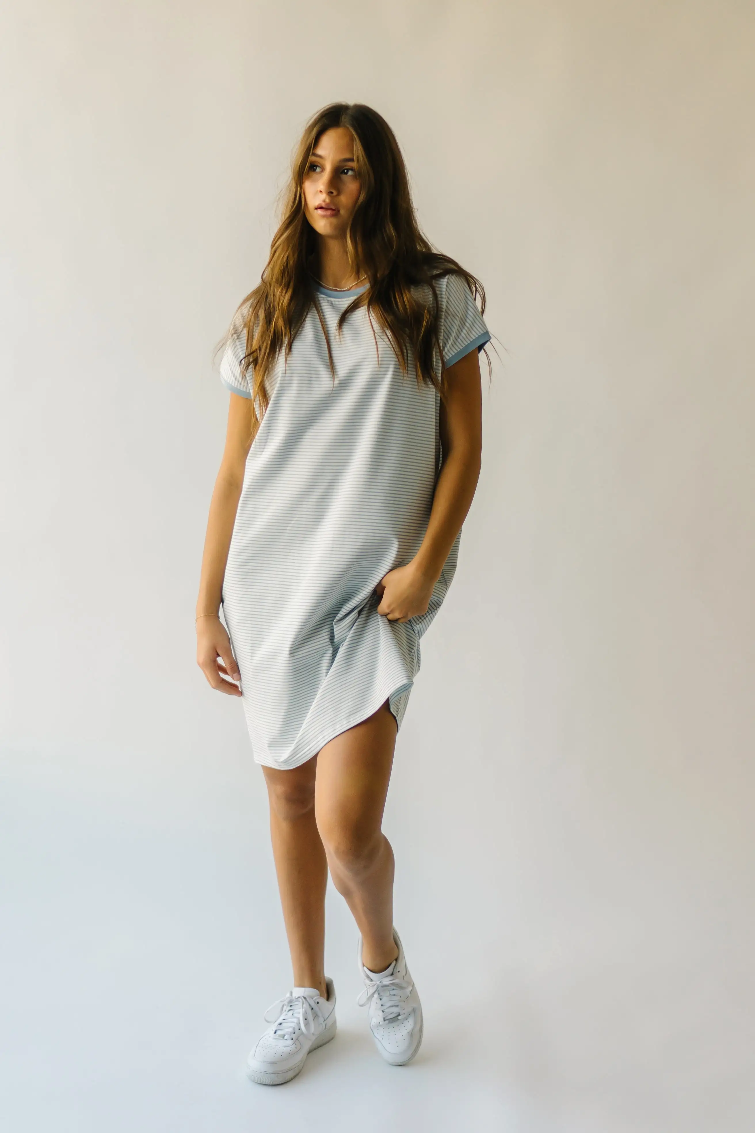 The Brinkerhoff Striped T-Shirt Dress in Ivory + Blue