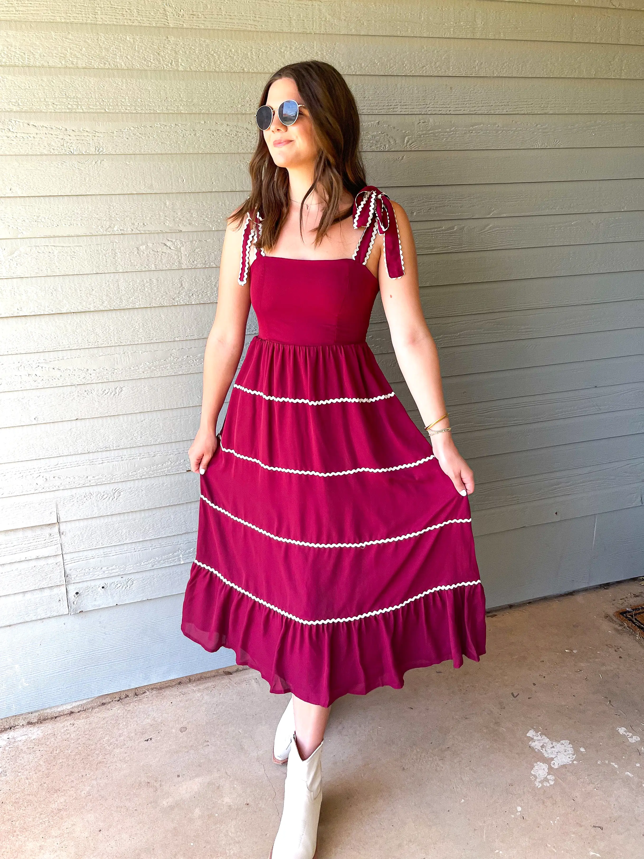 TIERED MIDI DRESS- CRIMSON