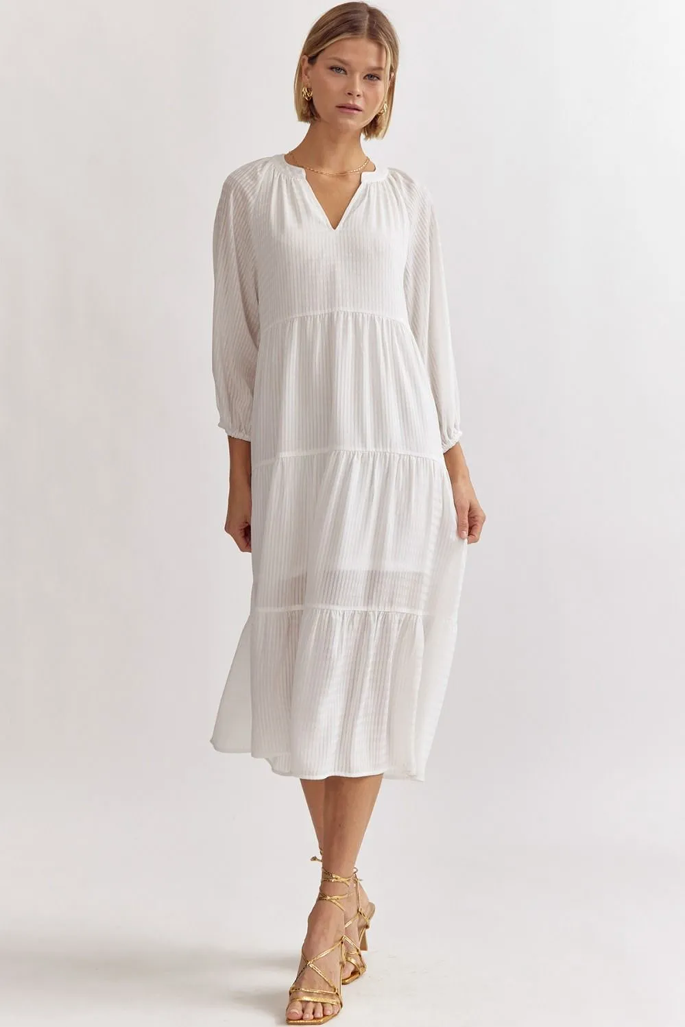 Tiered Textured Midi Dress - Off White