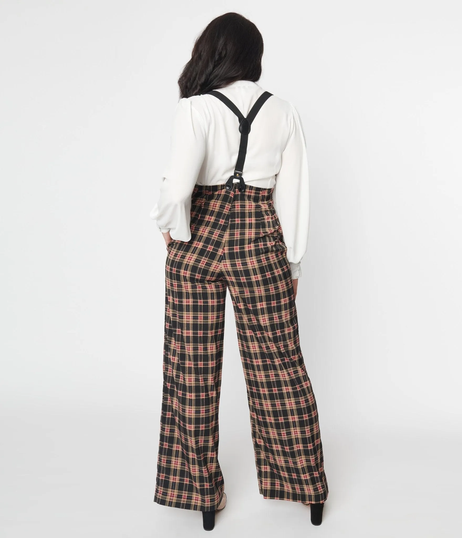 Unique Vintage 1930s Black & Burgundy Plaid High Waist Suspender Pants