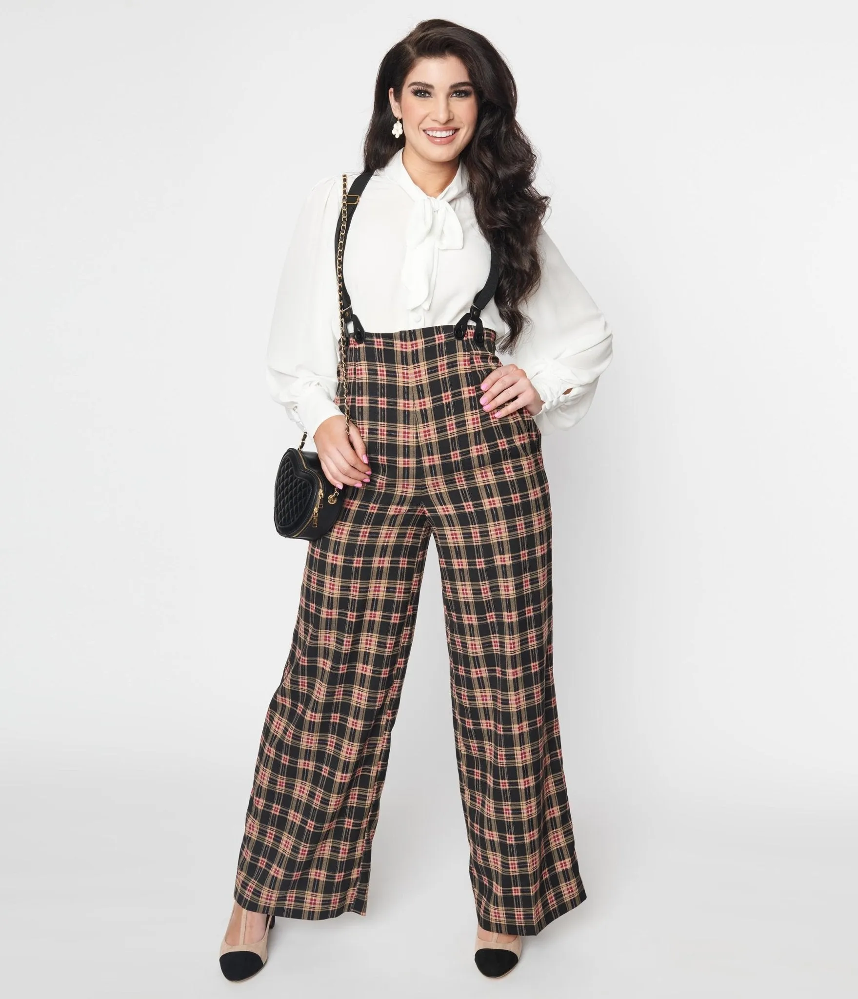 Unique Vintage 1930s Black & Burgundy Plaid High Waist Suspender Pants