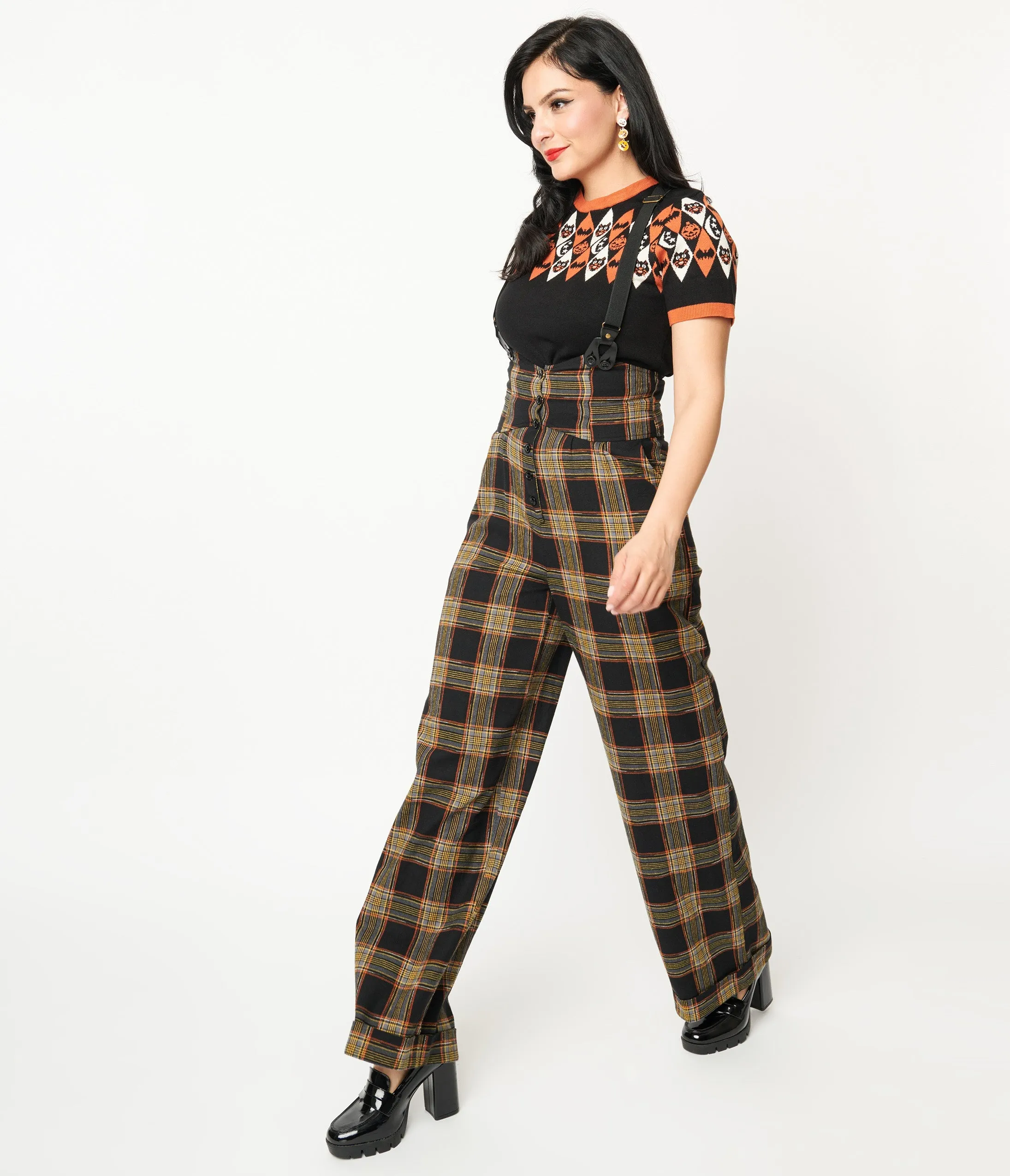 Unique Vintage 1930s Black & Orange Plaid Thelma Suspender Pants